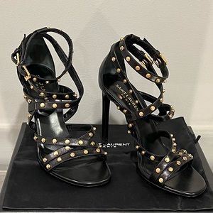 NWB YSL Seta Calf Leather Gold Stud Strap Heels NEVER WORN